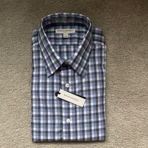 Banana Republic Men's Gray and Blue Plaid Shirt